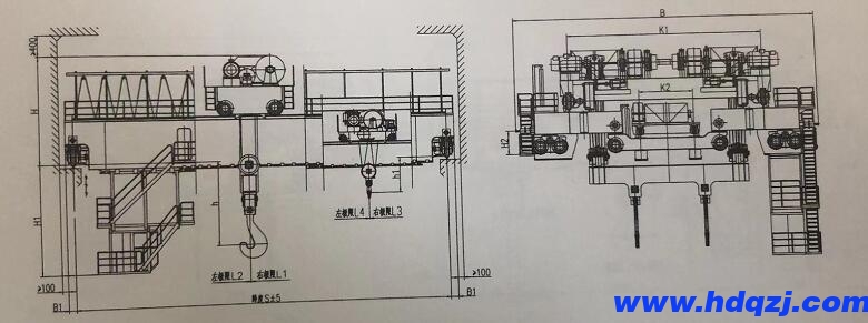 YZ型吊鉤橋式鑄造起重機結構技術參數(shù)圖 YZ型吊鉤橋式鑄造起重機結構技術參數(shù)圖